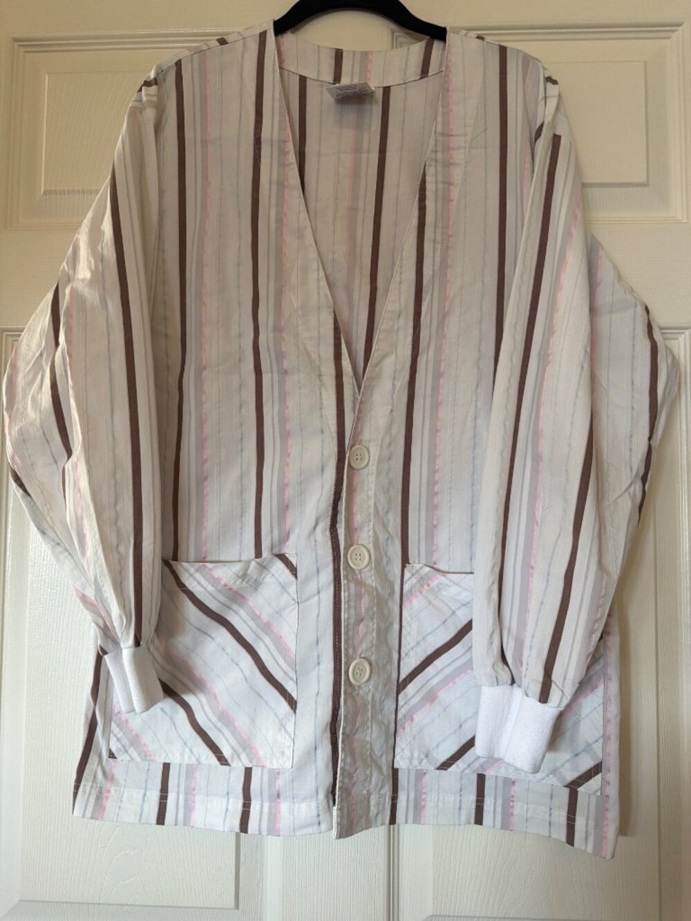 S.C.R.U.B.S. Womens Striped Button-Front Cardigan-Style Scrub Top With Pockets M